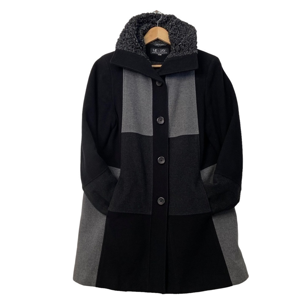 Vintage ME-JAY Made Canada Wool Cashmere Coat Black Gray Color Block Size 8
